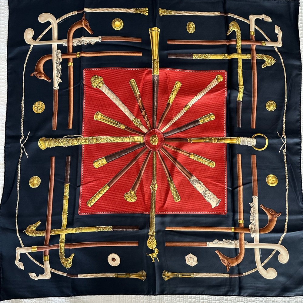 Hermés Elegant Silk Scarf with Cane & Brass Motif - Navy & Red